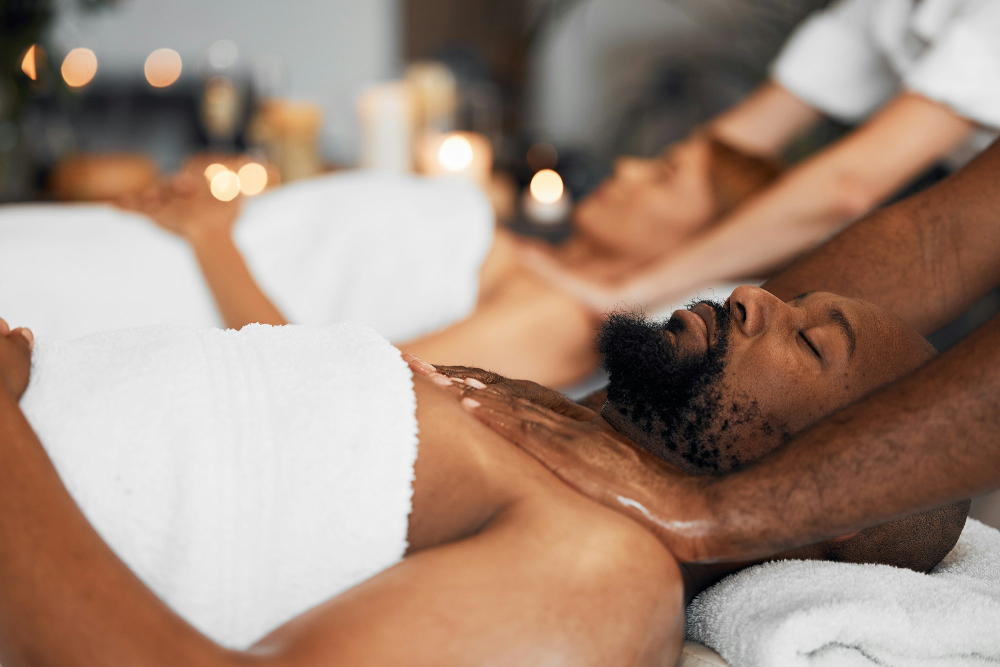 Black man, spa and body massage for couple wellness, relax therapy and skincare treatment. Salon th